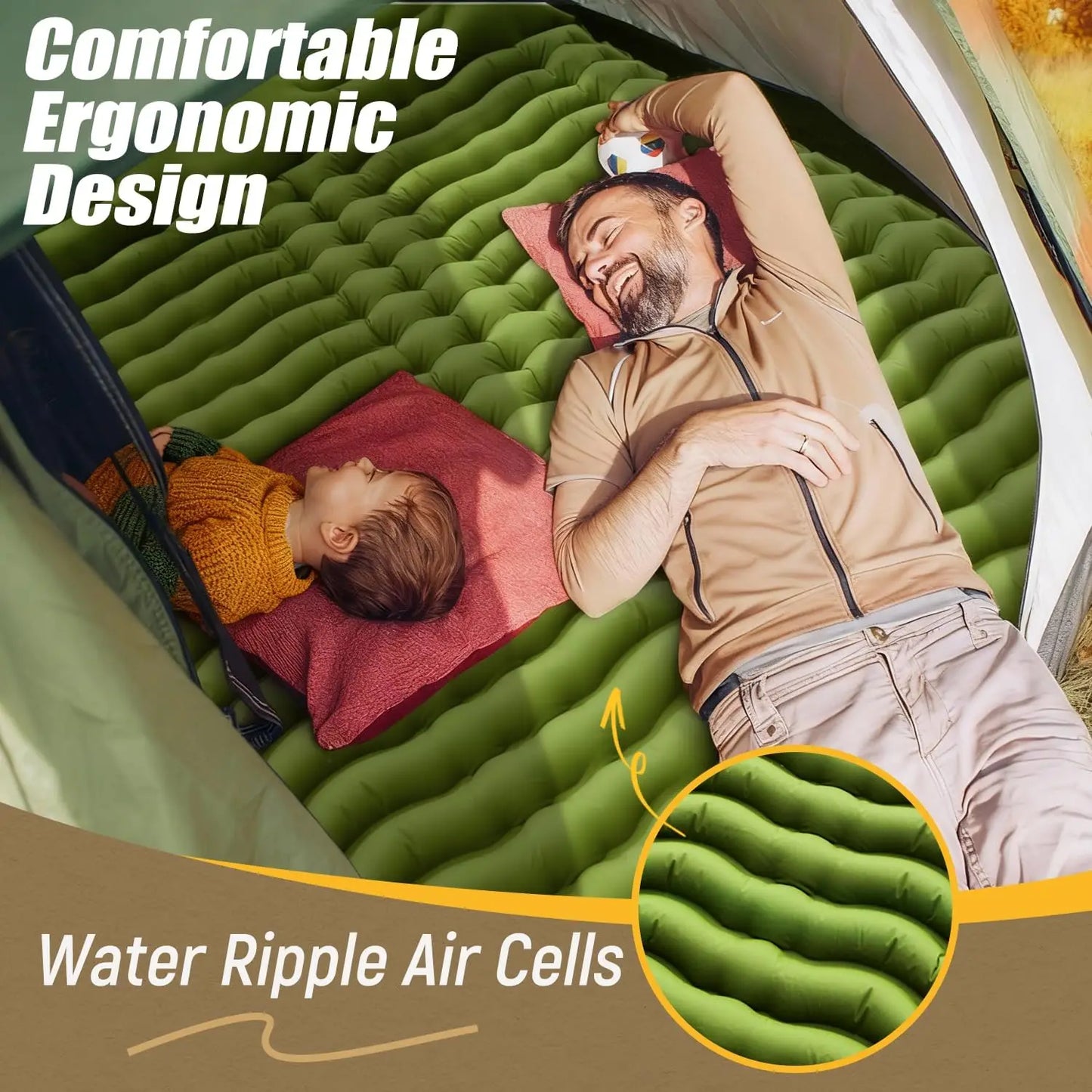Self-Inflating 4" Thick Double Sleeping Pad with Built-in Pillow & Foot Pump for Camping Hiking Travel