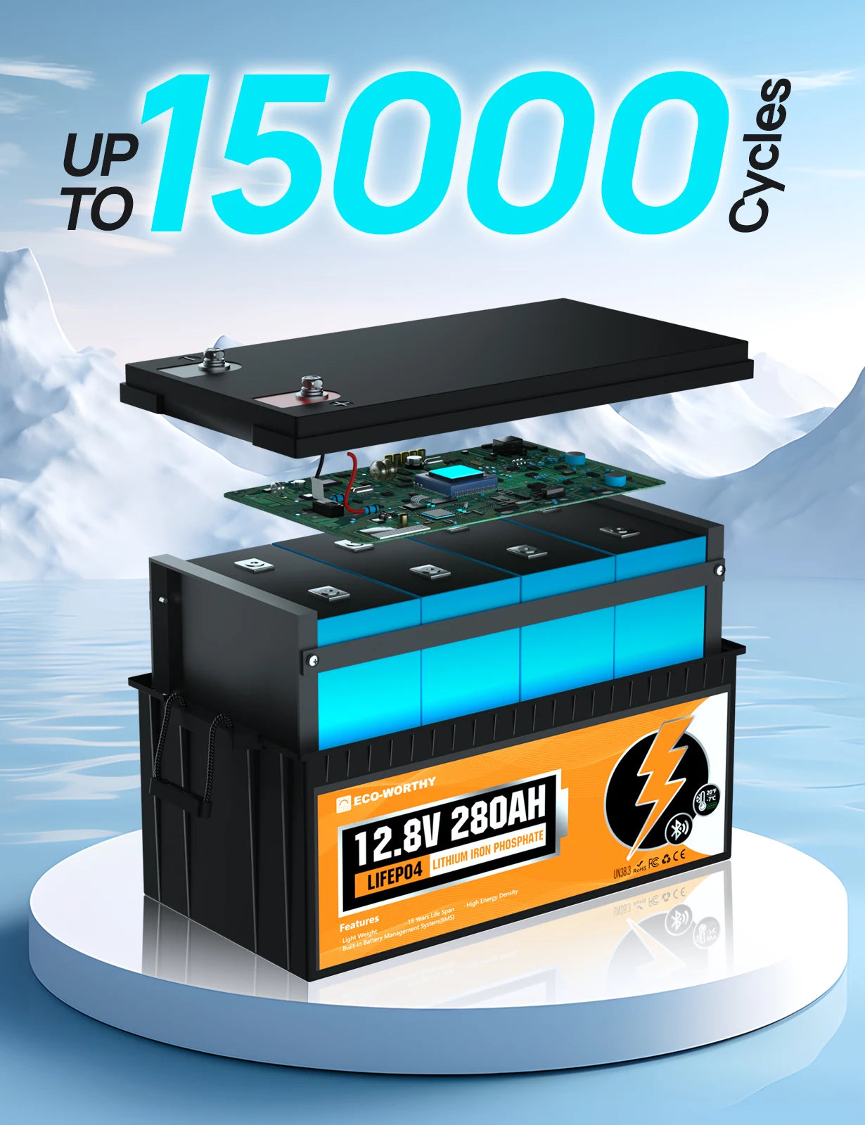ECO-WORTHY 2Peak 12V 280Ah LiFePO4 RV Battery w/Bluetooth & Low Temp Cutoff - Built-in 200A BMS - Deep Cycle for Camper, Traile
