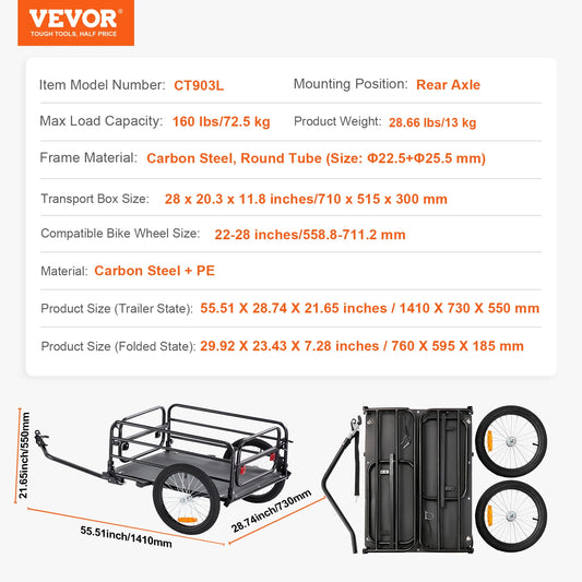 SucceBuy 160 lbs Bike Cargo Trailer Foldable Storage Bicycle Wagon Cart with 16" Wheels Safe Reflectors Fits 22"-28" Bike Wheels