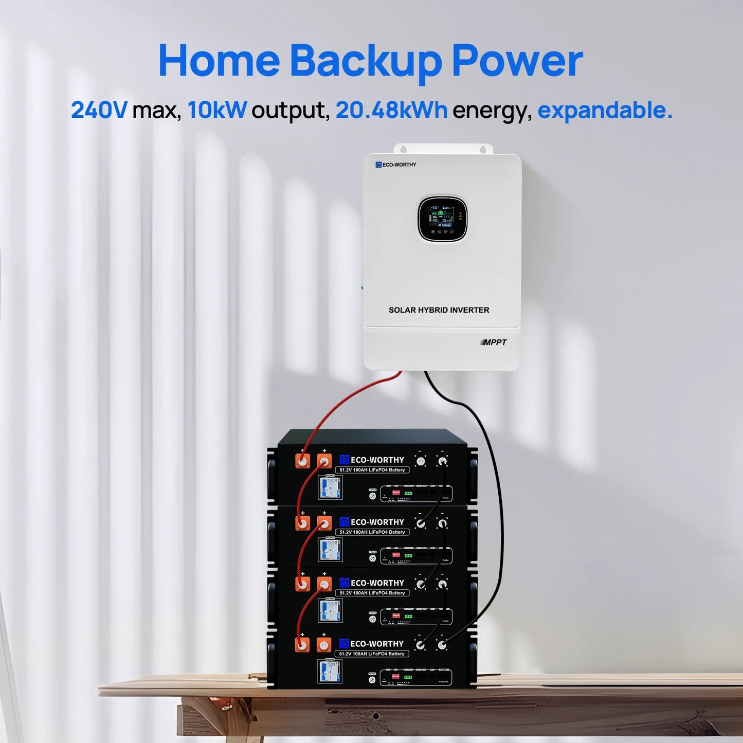 ECO-WORTHY Home Backup Power 6PCS 30.72kwh 48V 100AhLiFePO4 Lithium Battery +10KW 48V Off-grid Inverter for Solar Energy