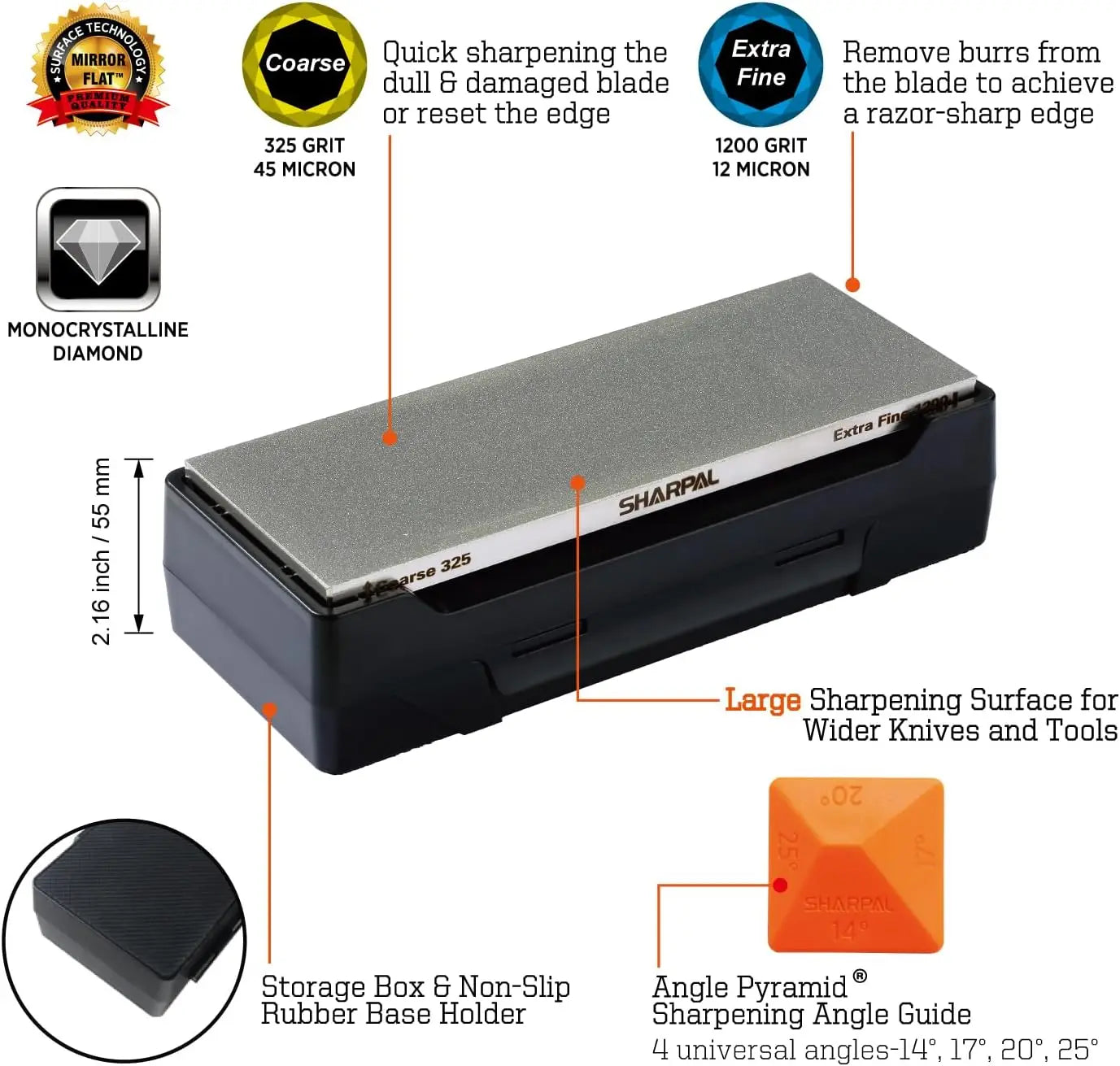 Double-sided Diamond Sharpening Stone with Coarse & Fine Grit, Non-Slip Base & Angle Guide for Knives and Tools