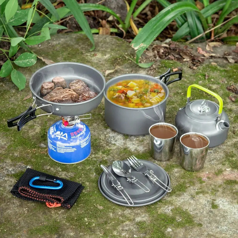 Lightweight Camping Cookware Set with Pot, Pan, Kettle, 2 Cups, Fork, and Spoon - Stainless Steel, Ideal for Backpacking, Hiking