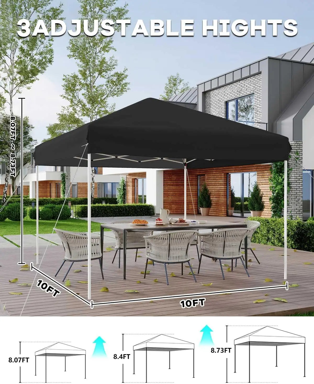 10x10 Pop Up Canopy Tent, Outdoor Tent with 3 Adjustable Height, Easy Set Up Canopy with 4 Sandbags & Carrying Bag for Camping
