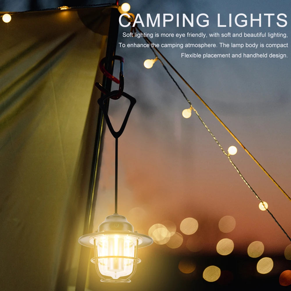 LED Camping Lamp 1200mAh Emergency Light Lantern Stepless Dimming Retro Atmosphere Chandelier Type C Charging for Fishing Hiking
