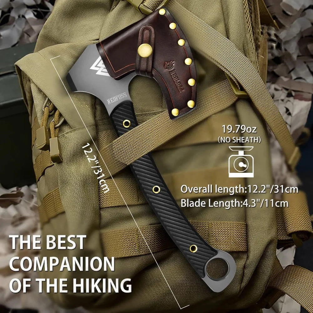 12.2 Tactical Tomahawk Axe with Leather Sheath, G10 Handle, Heavy Duty Full Tang Viking Axe with 4.3 Titanium Coated Bla