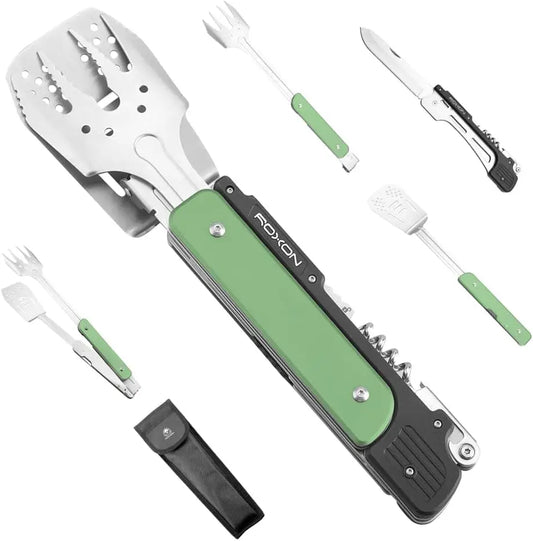 14" 6-in-1 Folding Grill Utensils Set with Fork, Spatula, Knife, Tongs for Backyard Barbecue and Camping in Green