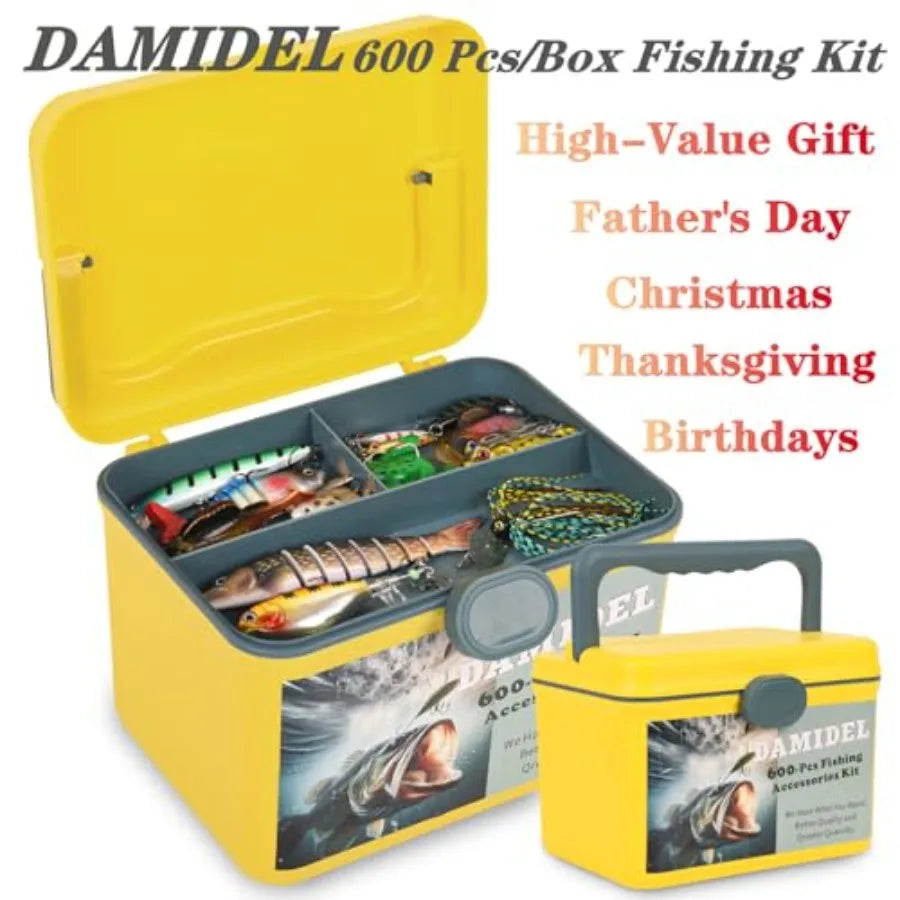 600 Pcs Tackle Box Fishing Kit with Hooks Sinkers Swivels Snaps Top Water Lure Spoons Soft Lures Jig Heads Frogs Minnow Accesso