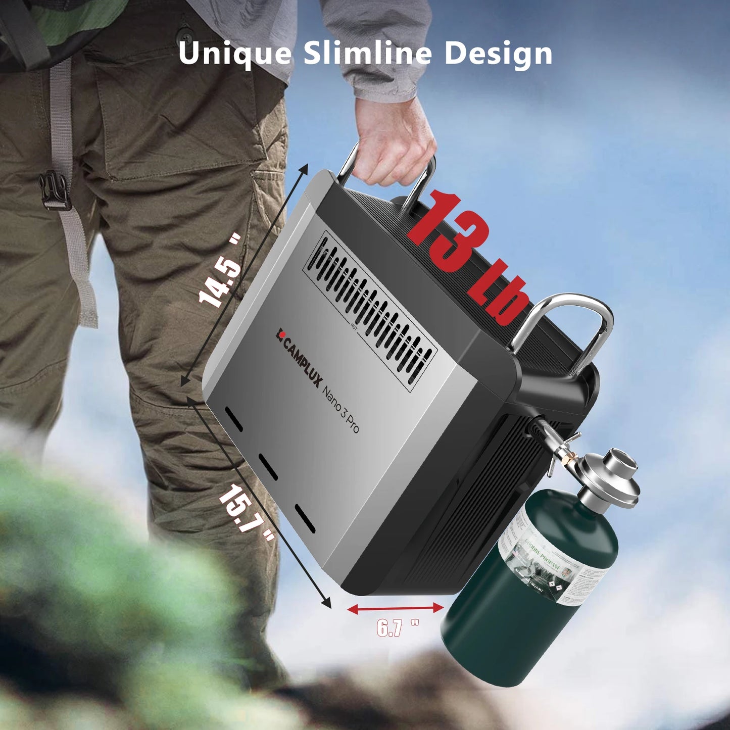 CAMPLUX 1 lb Propane On-Demand Portable Water Heater Nano 3 Pro, Table Top Camp Water Heater & Shower Pump w/Built-in Battery