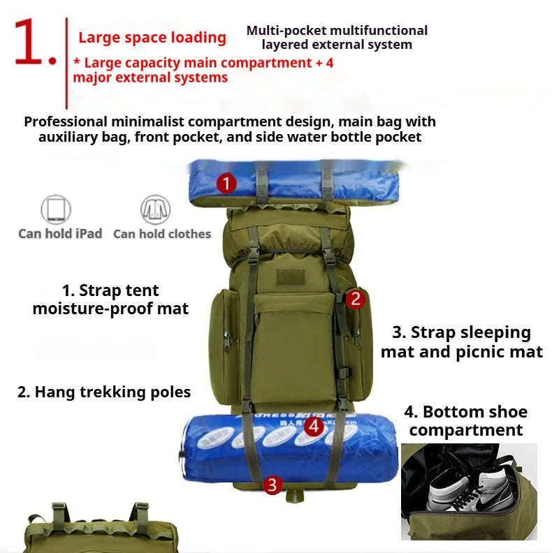 110L Large Capacity Outdoor Hiking Camping Backpack Sports Travel Backpack Frame Hiking Bag