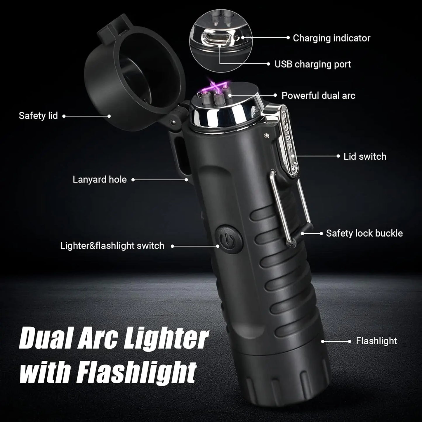 Plasma Windproof Arc Lighter with LED Flashlight - 5-in-1 Magnesium Fire Starter for Camping, Hiking, Survival Kits