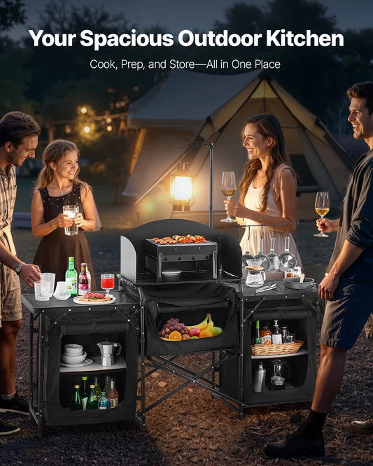 SucceBuy Camping Kitchen Table Aluminum Portable Cook Station with 3 Storage Cupboard Carrying Bag Quick Set-up for BBQ Picnic