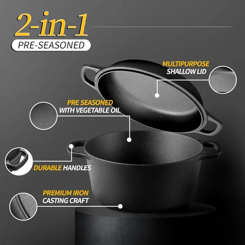 2-in-1 Pre-Seasoned Cast Iron Dutch Oven Frying, Baking, Camping, BBQ, 5QT，home.