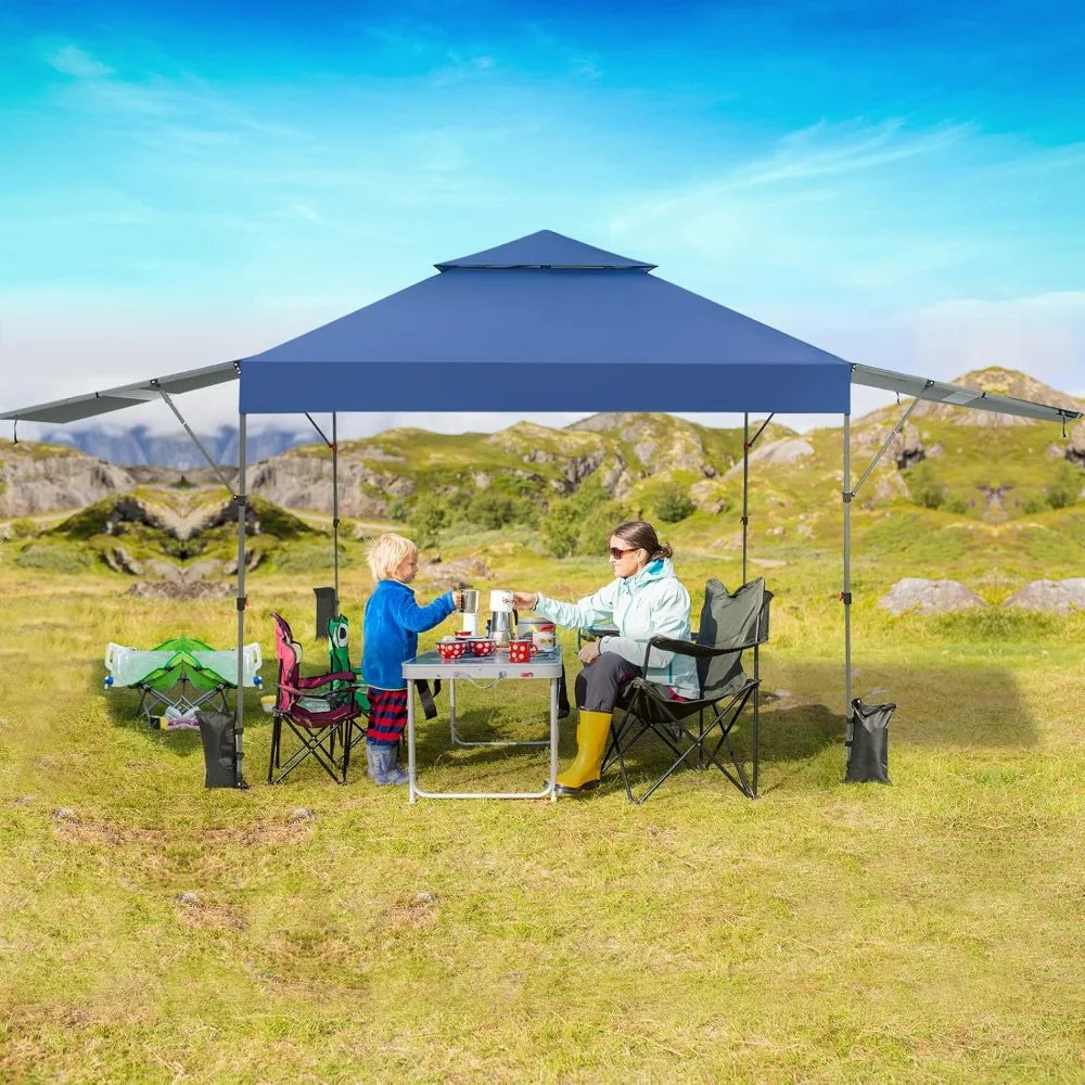 10x17.6 Ft Pop Up Canopy with Adjustable Dual Awnings,with 8 Stakes, 4 Ropes, 4 Sand Bags, Wheeled, 2 Tier Outdoor Canopy Tent