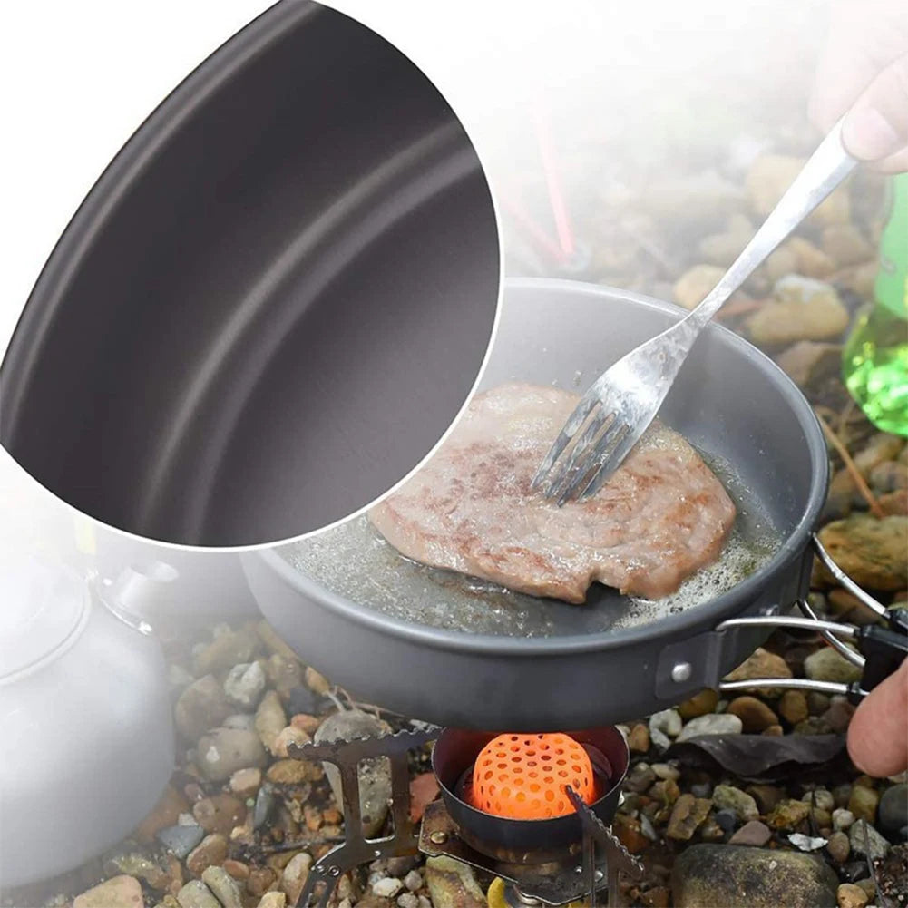 Camping Pot and Pan Set Foldable Spoon/Fork/Knife Outdoor Tableware Equipment Serves for 2-3 Person for Hiking Picnic
