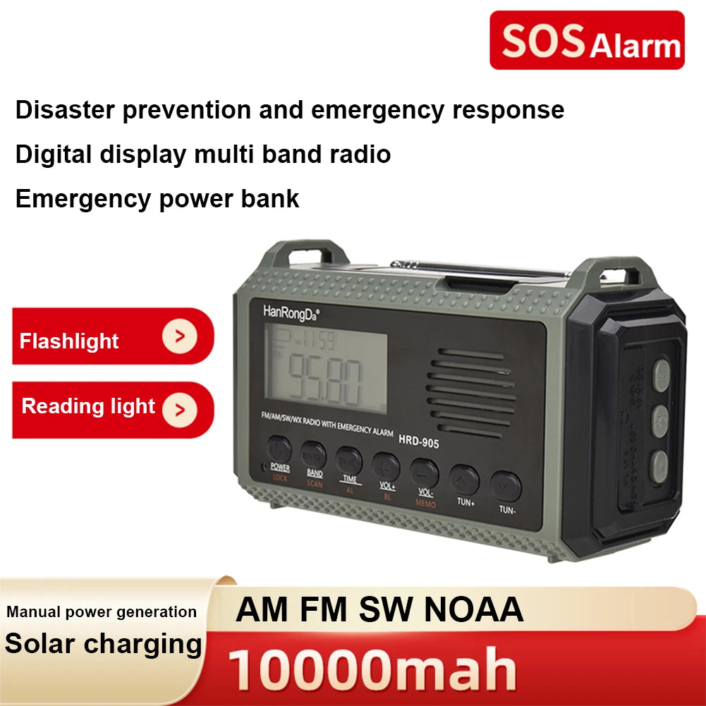 Solar Hand Crank Weather Radio 10000MAh Portable Emergency Radio Torch Reading Lamp AM FM SW NOAA SOS Alarm Radios Power Bank