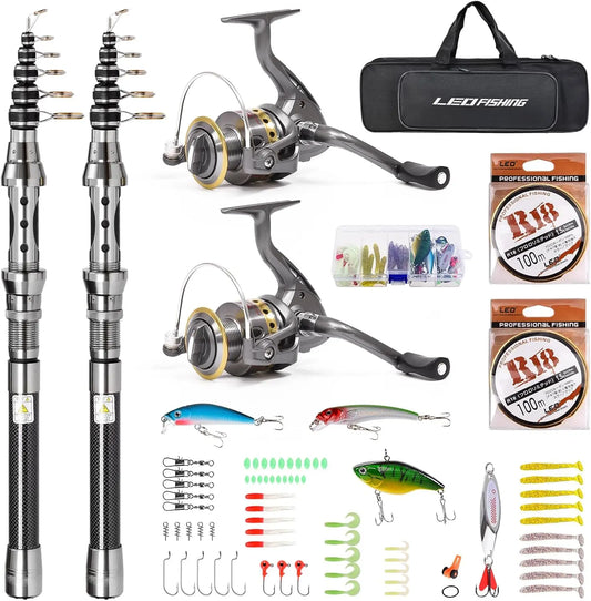2-Piece Telescopic Fishing Rod and Reel Combo with Spinning Reel, Lure Accessories, Portable Bag for Saltwater and Freshwater