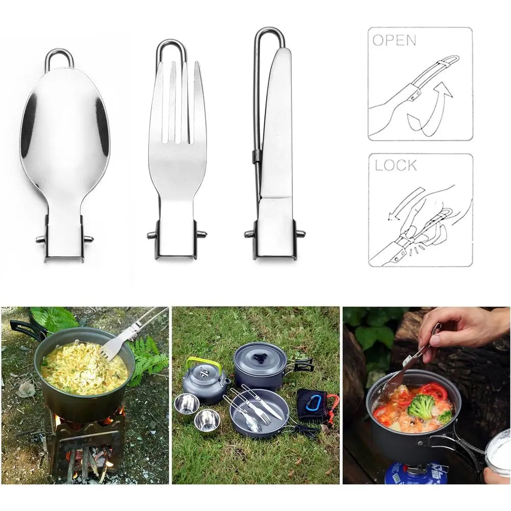 Lightweight Camping Cookware Set with Pot, Pan, Kettle, 2 Cups, Fork, and Spoon - Stainless Steel, Ideal for Backpacking, Hiking