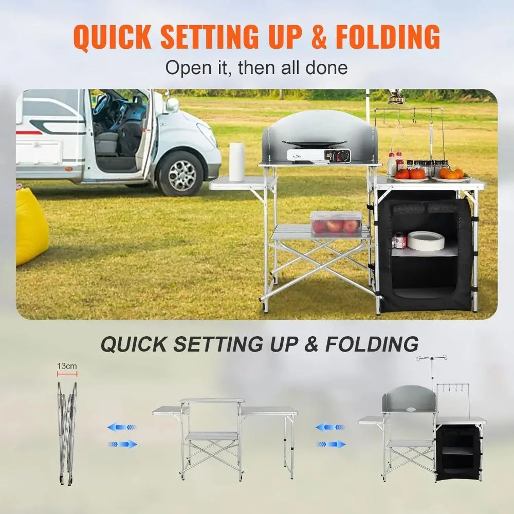 Folding Outdoor Cooking Table with Storage Bag, Aluminum Cook Station & Windscreen for Picnics, BBQ, RV Travel