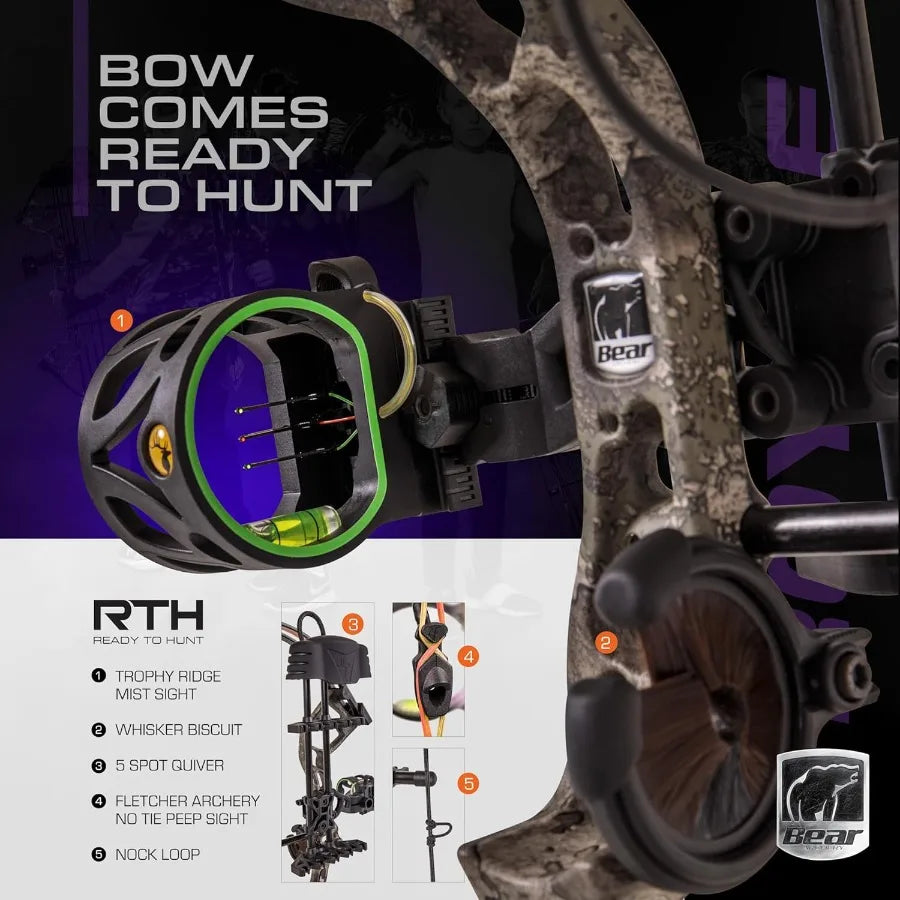 Bear Archery Royale Ready to Hunt Compound Bow Package for Adults and Youth 12 - 27 Draw Length 5-50 Lbs Draw Weight Up to 290