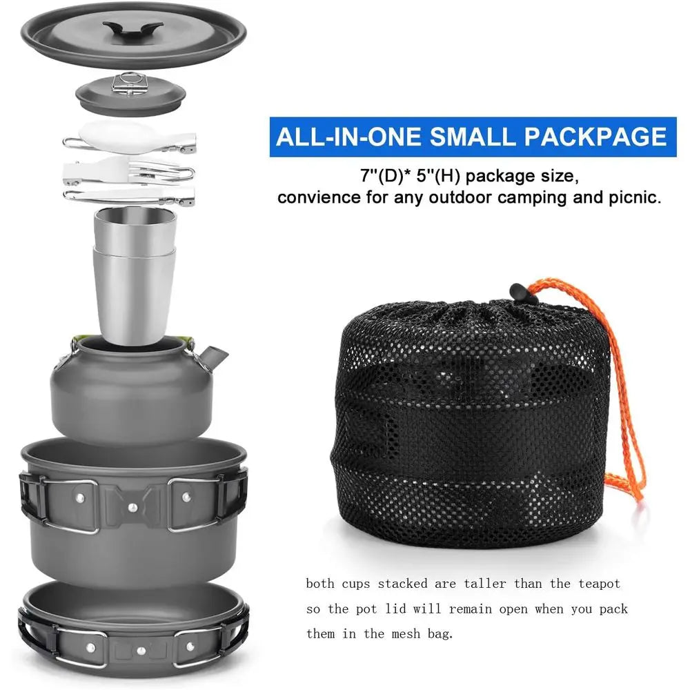 Lightweight Camping Cookware Set with Pot, Pan, Kettle, 2 Cups, Fork, and Spoon - Stainless Steel, Ideal for Backpacking, Hiking