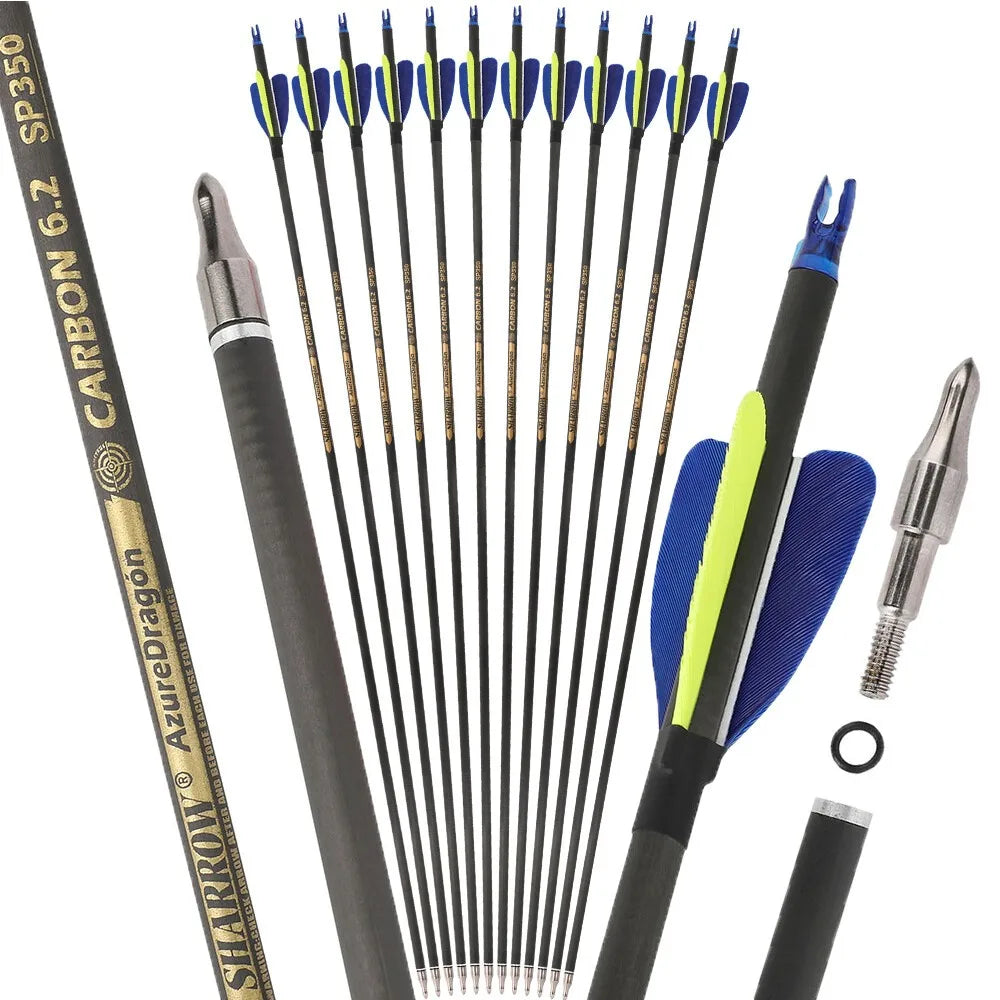 30" Archery Pure Carbon Arrow SP300 2" Natural Feather Recurve Bow Shooting Bow Hunting Target 12pcs Carbon Arrow