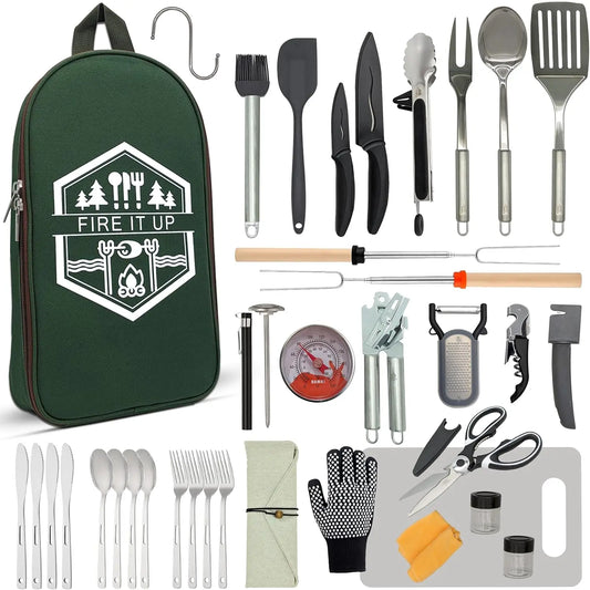 35-Piece Outdoor Cooking Utensil Set - Stainless Steel BBQ Grill Tools for Camping, Picnics & Glamping