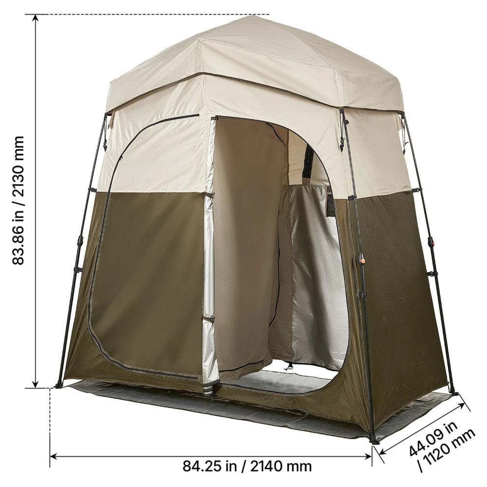 Camping Shower Tent, 2-Room Foldable Portable Privacy Tent Changing Room with Ground Stakes, Ropes, and Carry Bag, 150D Oxford Fabric with Silver Coating, for Camping, Beach, and Fishing