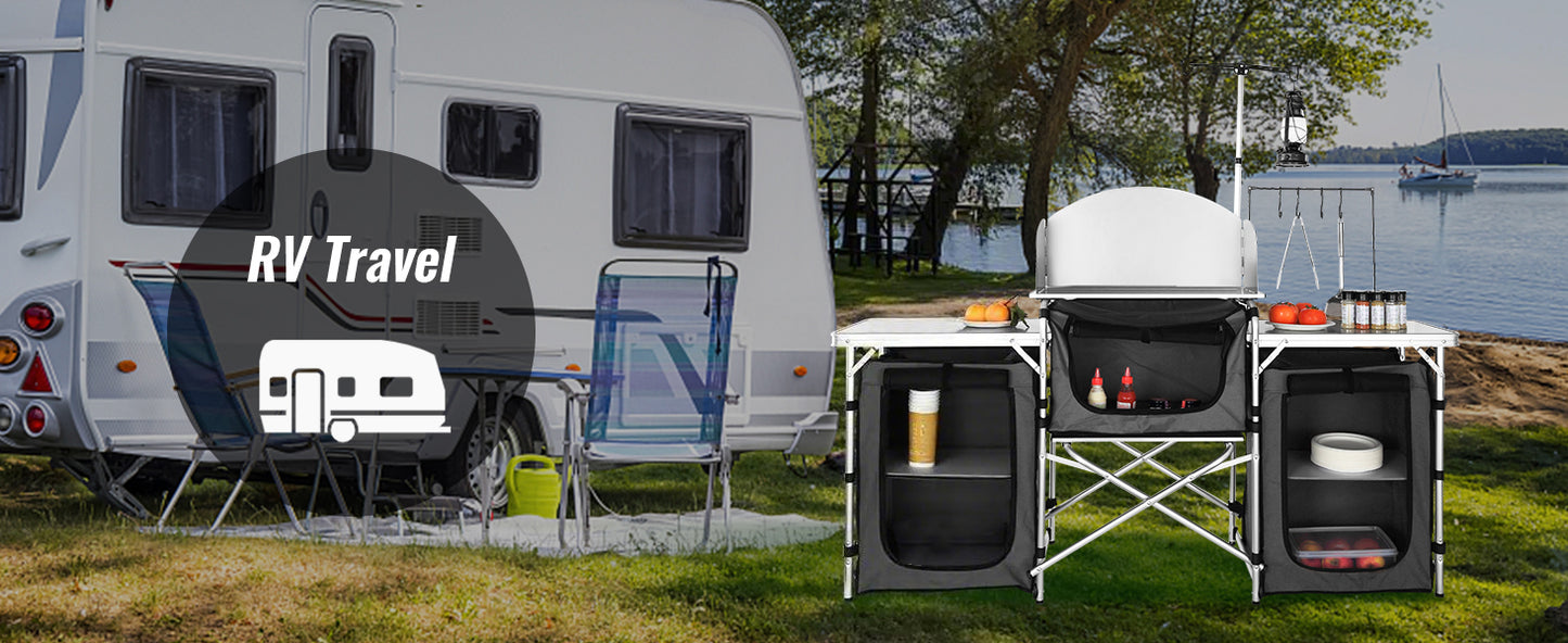 SucceBuy Camping Kitchen Table Cabinet Folding Cooking Storage Rack X-Shaped Aluminum Alloy Bracket for BBQ Picnic Garden Table