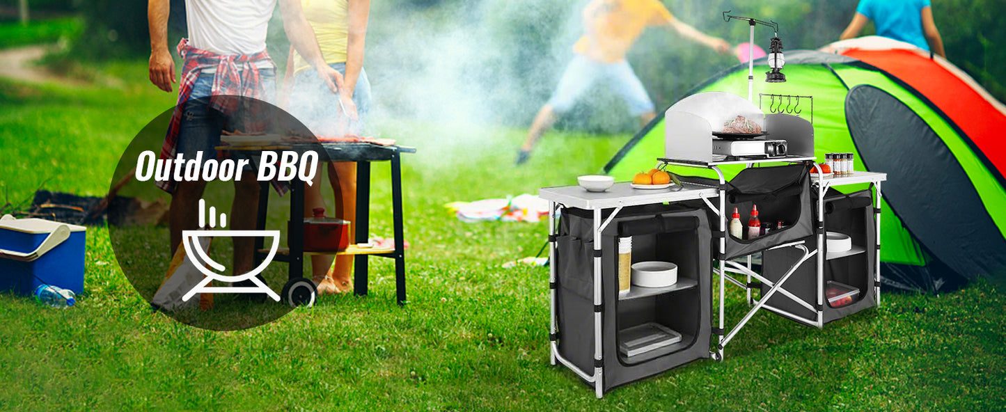 SucceBuy Camping Kitchen Table Cabinet Folding Cooking Storage Rack X-Shaped Aluminum Alloy Bracket for BBQ Picnic Garden Table