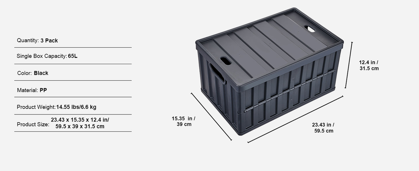 SucceBuy Set of 3 45L/65L Collapsible Storage Bins Folding Stackable Utility Garage Crates with Lids for Clothes Snack Grocery